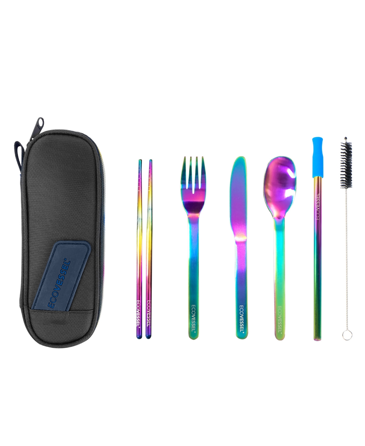 Ecovessel Stainless Steel Utensil 8 Piece Set With Travel Pouch In Rainbow