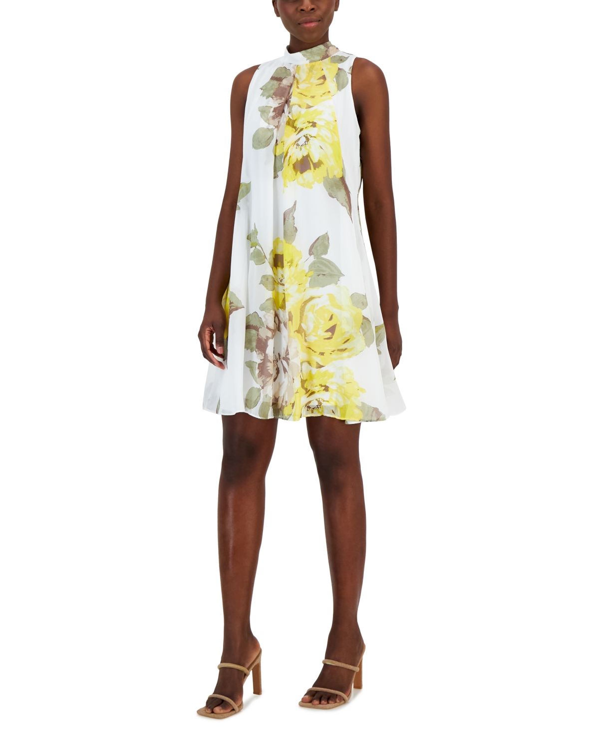 Shop Robbie Bee Petite Floral-print Mock Neck Trapeze Dress In White,yellow