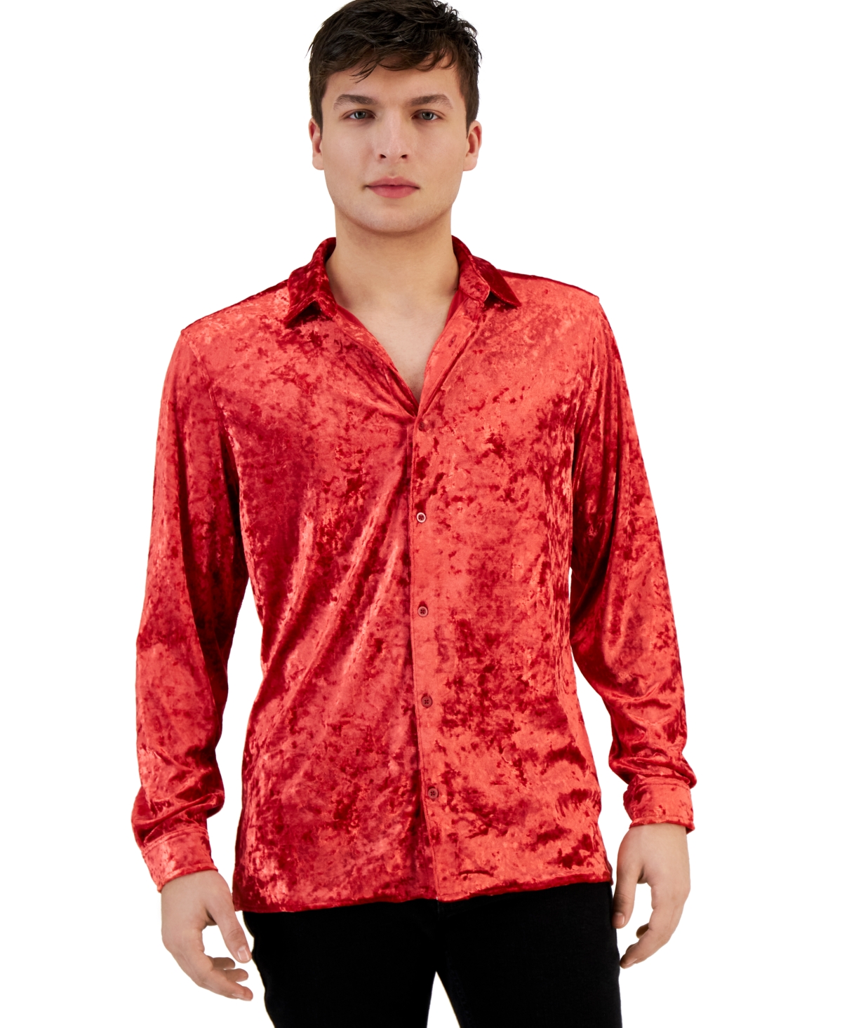 INC INTERNATIONAL CONCEPTS MEN'S CRINKLED VELVET BUTTON-UP LONG-SLEEVE SHIRT, CREATED FOR MACY'S 