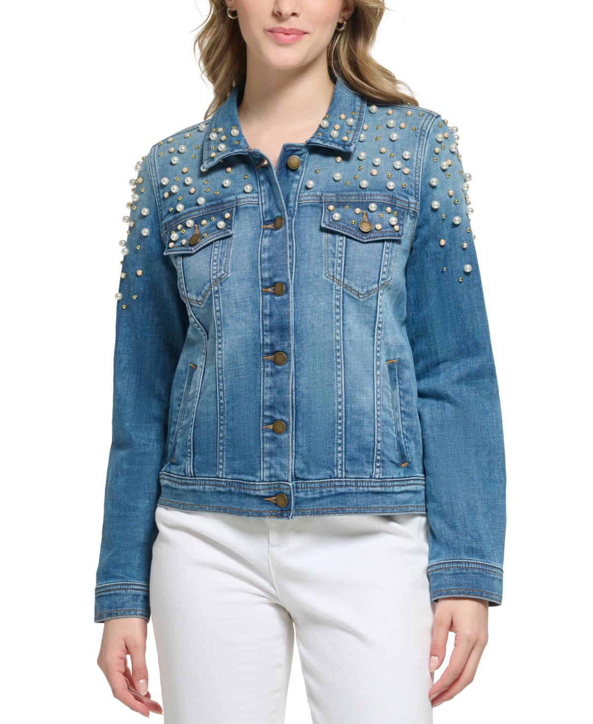 Karl Lagerfeld Women's Imitation Pearl Denim Jacket In Coastal Blue