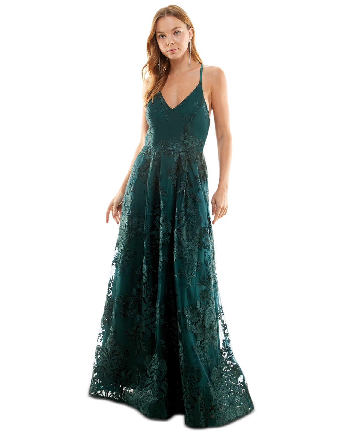 Bcx Juniors' Floral Embroidered Gown, Created For Macy's In Emerald