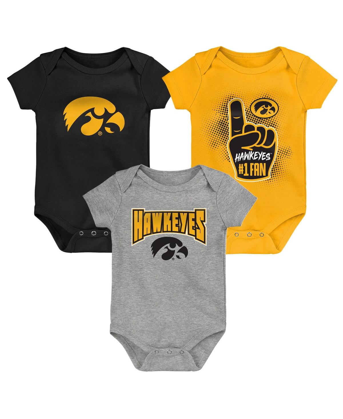 Outerstuff Babies' Infant Boys And Girls Black, Gold, Heathered Gray Iowa Hawkeyes 3-pack Game On Bodysuit Set