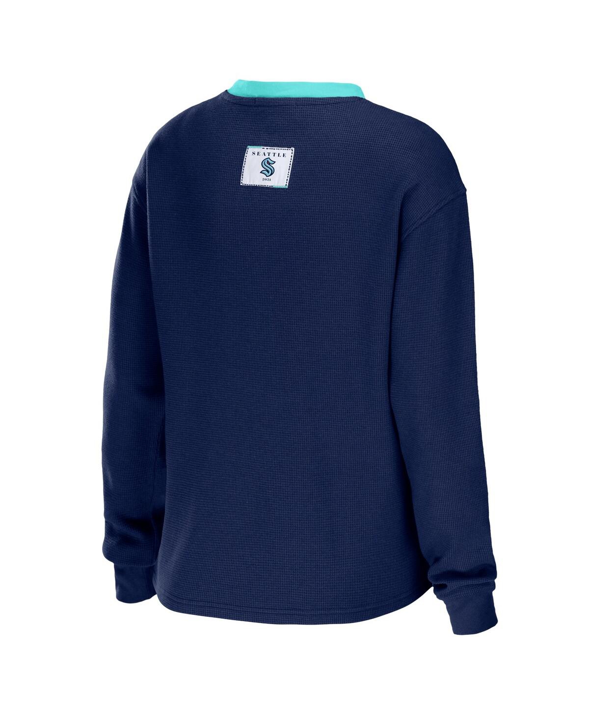 Shop Wear By Erin Andrews Women's  Deep Sea Blue Seattle Kraken Waffle Henley Long Sleeve T-shirt