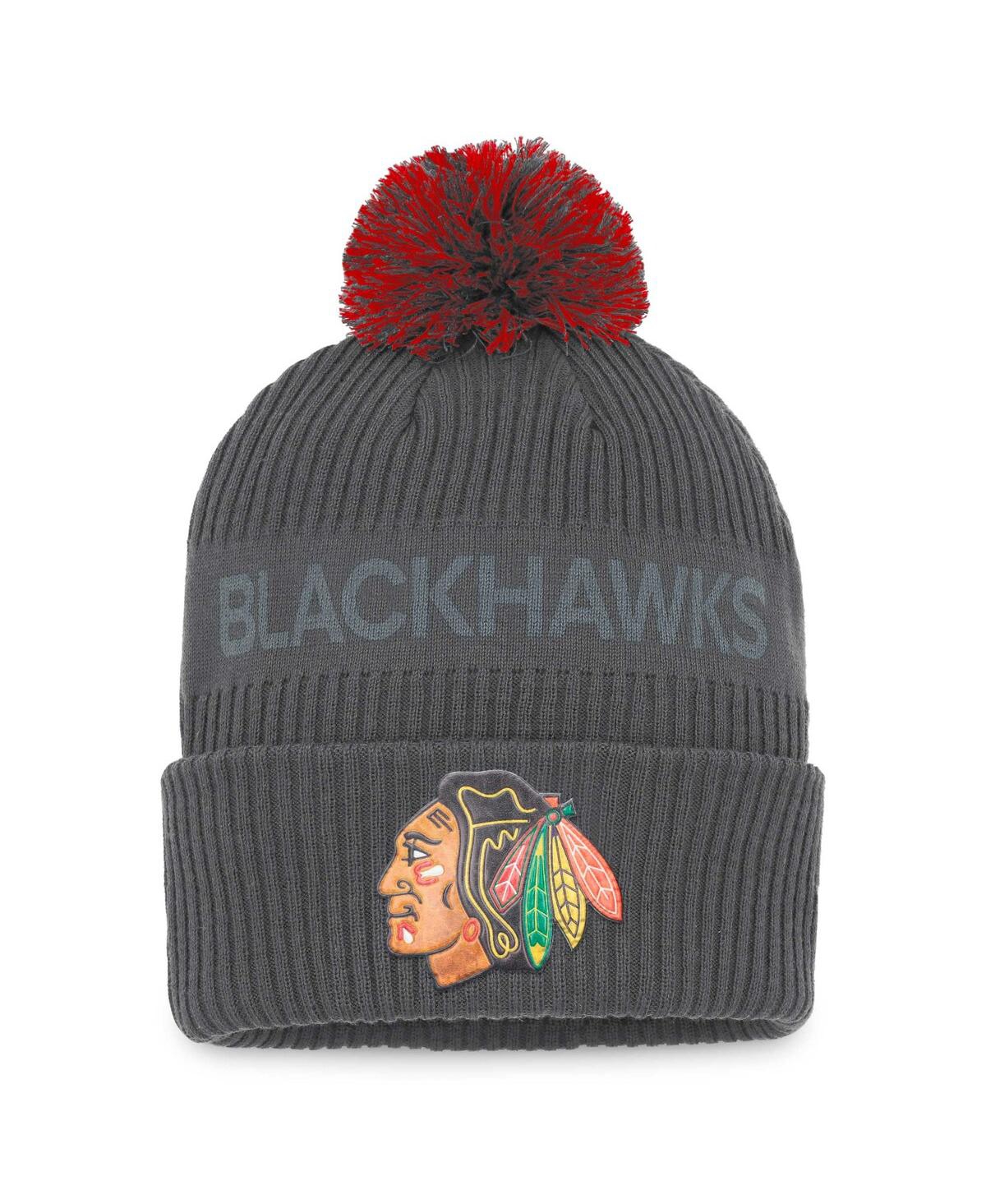 Fanatics Men's  Charcoal Chicago Blackhawks Authentic Pro Home Ice Cuffed Knit Hat With Pom
