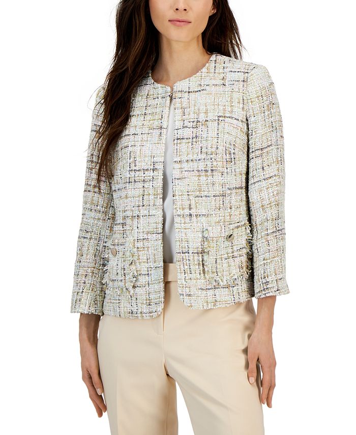 Anne Klein Women's Tweed Open Front Collarless Blazer Pink Size 4