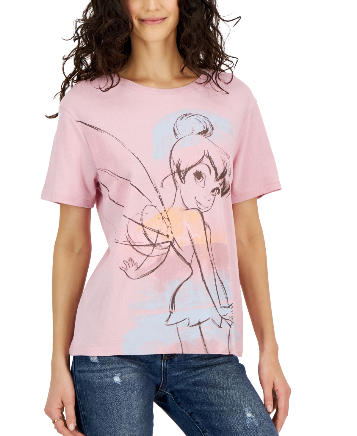 Disney Juniors' Crewneck Graphic Tinker Bell Watercolor T-shirt In Pink