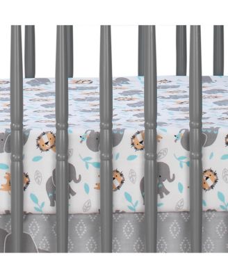 Baby Jungle Fun White/Gray/Blue Elephant & Lion Fitted Crib Sheet