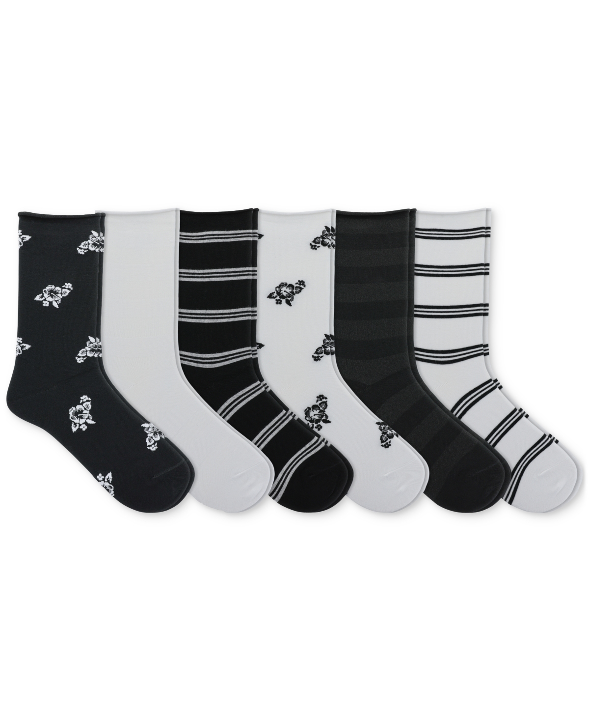 Women's 6-Pk. Tropical Floral Roll-Top Socks - Black Assorted