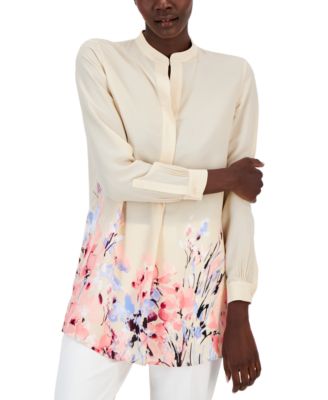 Anne Klein - Women's Floral-Print Long-Sleeve Popover Blouse