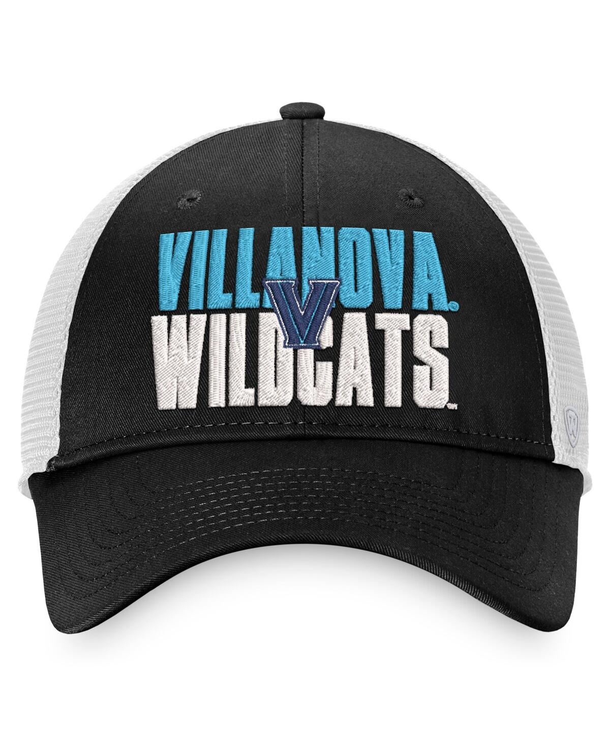 TOP OF THE WORLD MEN'S TOP OF THE WORLD BLACK, WHITE VILLANOVA WILDCATS STOCKPILE TRUCKER SNAPBACK HAT 