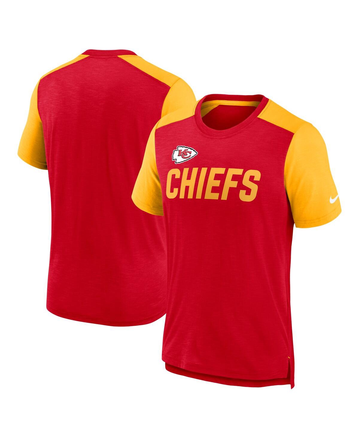 Shop Nike Men's  Heathered Red, Heathered Gold Kansas City Chiefs Color Block Team Name T-shirt In Heathered Red,heathered Gold