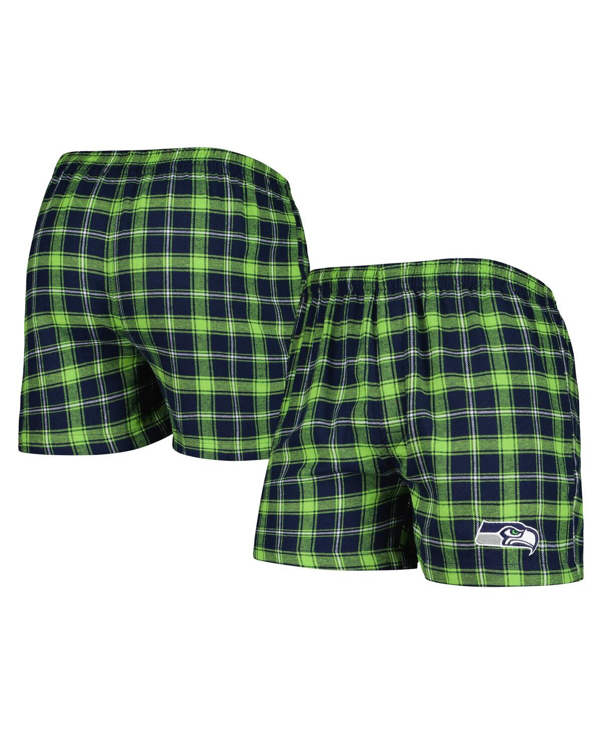 Concepts Sport Men's  College Navy And Neon Green Seattle Seahawks Ledger Flannel Boxers In Navy,neon Green