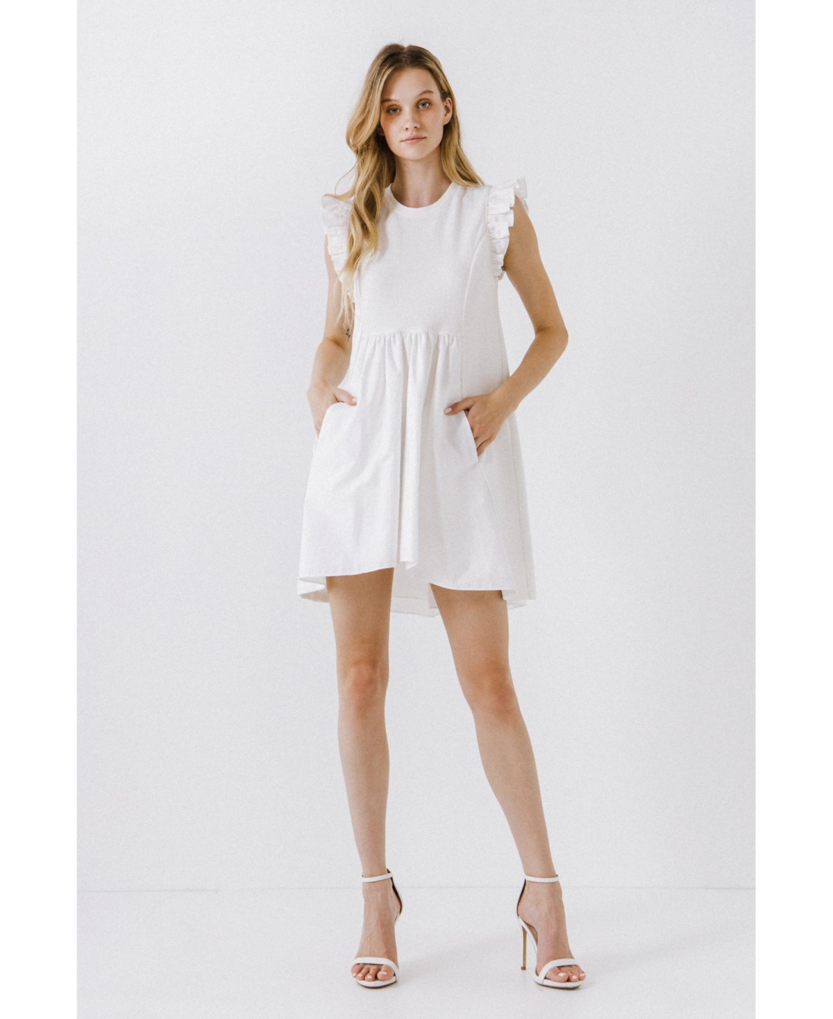 English Factory Puff Shoulder Mixed Media Minidress In White
