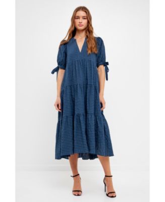 English Factory Women's Gingham Tiered Midi Dress with Bow Tie Sleeves ...