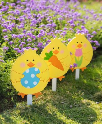 15" H Easter Wooden Chick Pick, Yard Stake, Set of 3