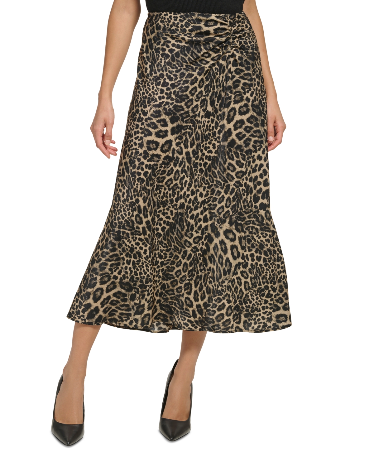 DKNY WOMEN'S PRINTED RUCHED SATIN SKIRT