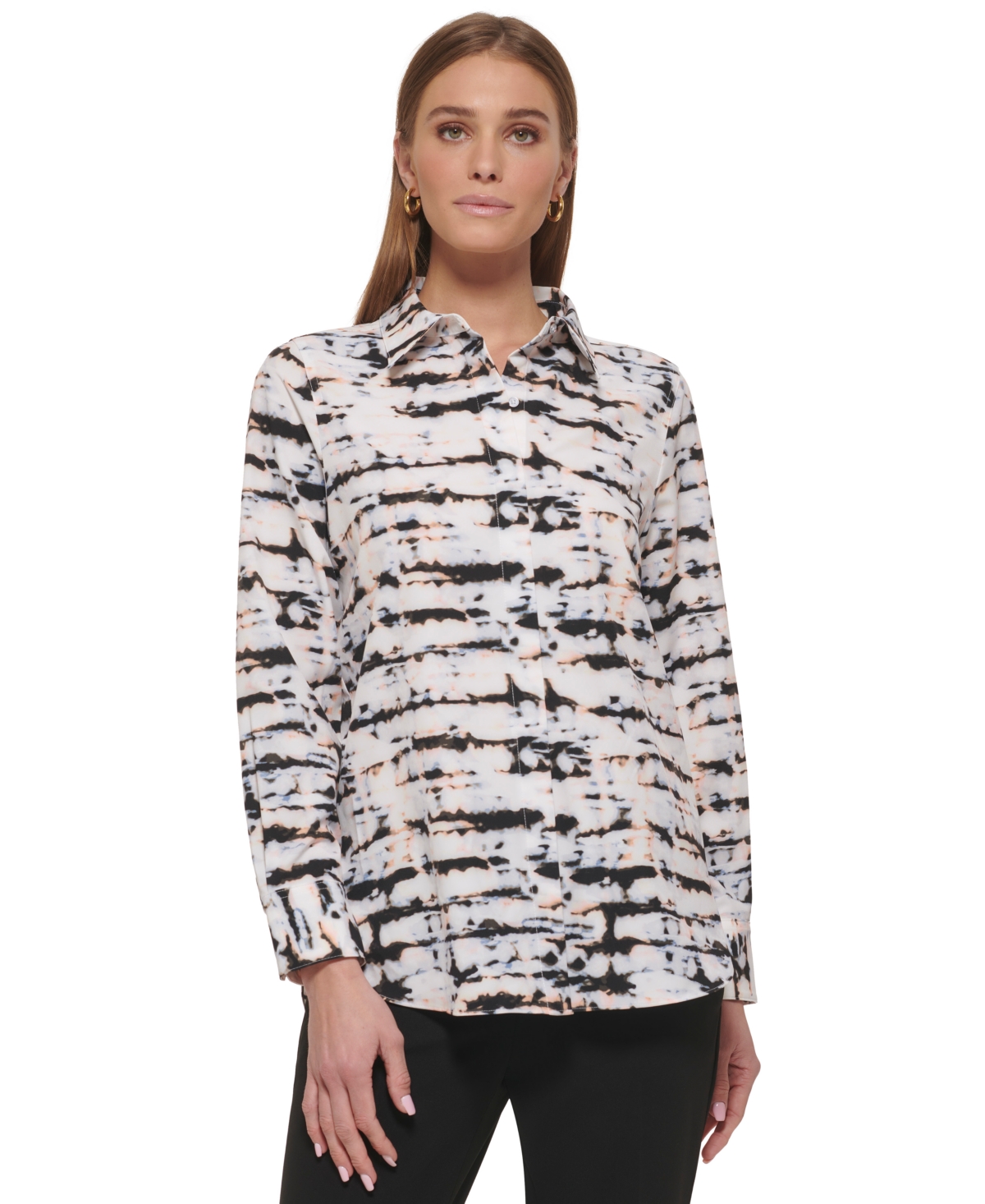 Dkny Petite Printed Button-down Long-sleeve Blouse In White Multi