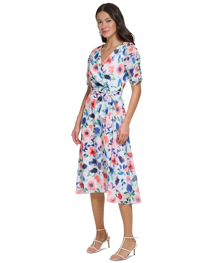 DKNY Petite Floral-Print Ruched-Sleeve Fit & Flare Dress - Macy's