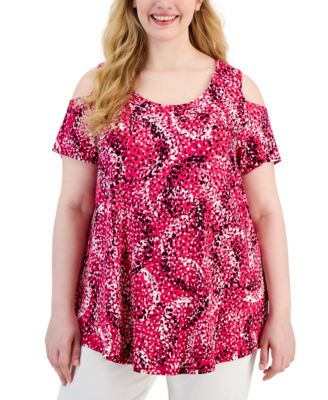JM Collection - Plus Size Spotted Rain Cold-Shoulder Top