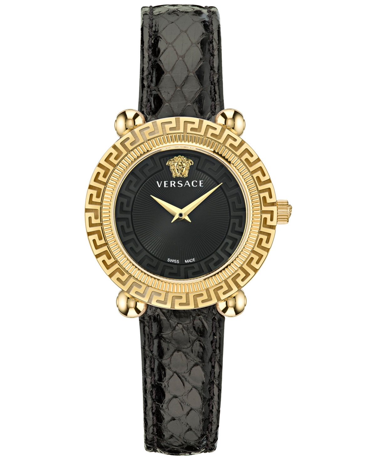 Shop Versace Women's Swiss Greca Twist Black Leather Strap Watch 35mm In Ip Yellow Gold