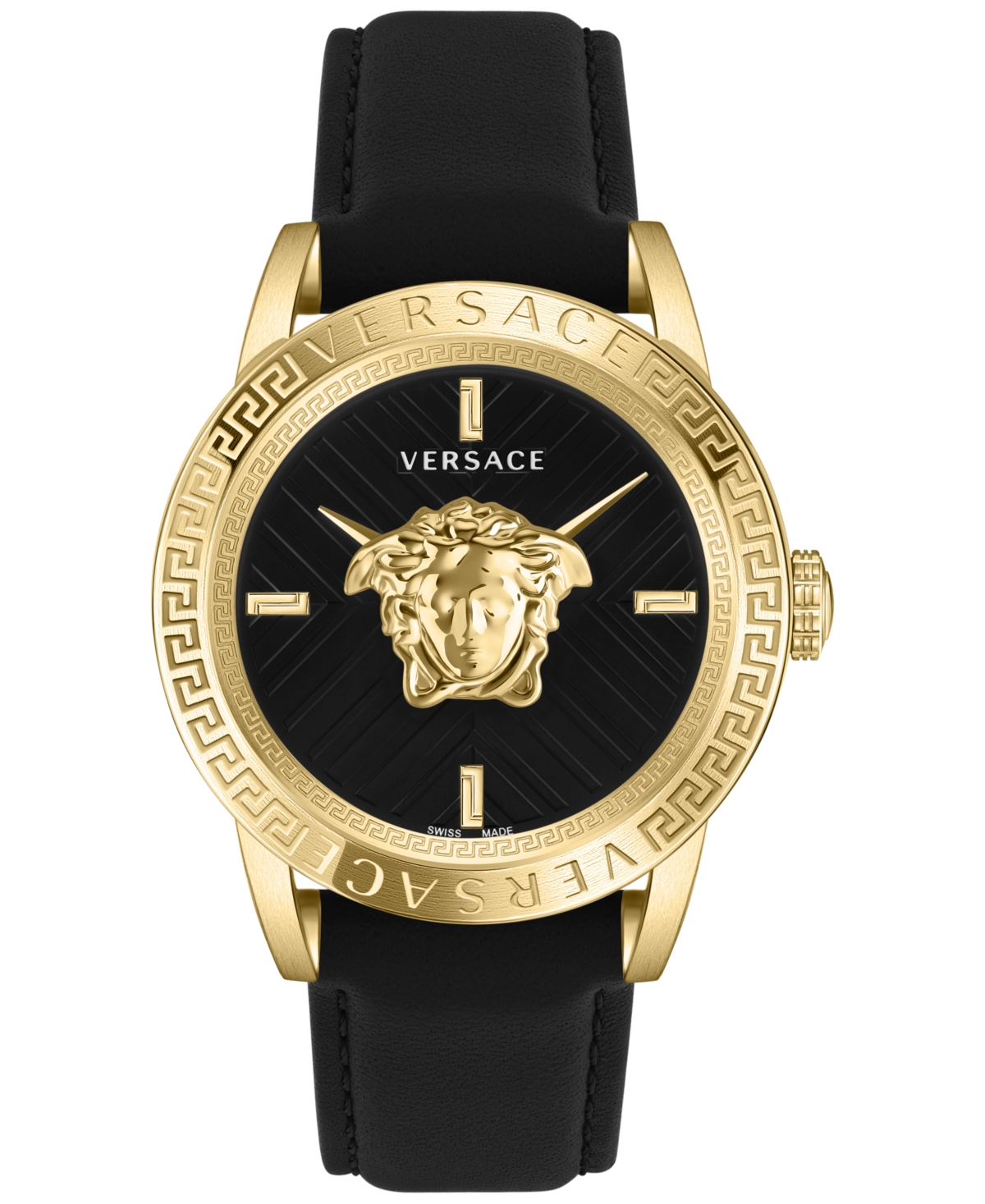 Shop Versace Men's Swiss V-code Black Leather Strap Watch 43mm In Ip Yellow Gold