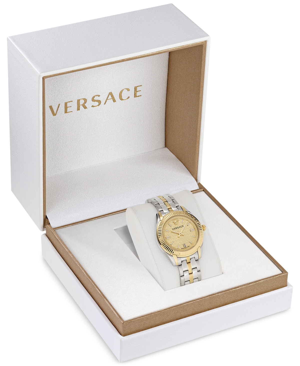 Shop Versace Women's Swiss Greca Time Two-tone Stainless Steel Bracelet Watch 35mm In Two Tone