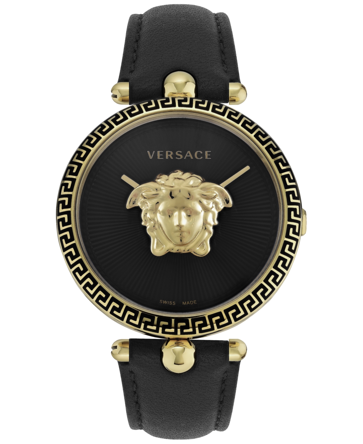 Versace Women's Palazzo Empire Black Leather Strap Watch 39mm In Ip Yellow Gold
