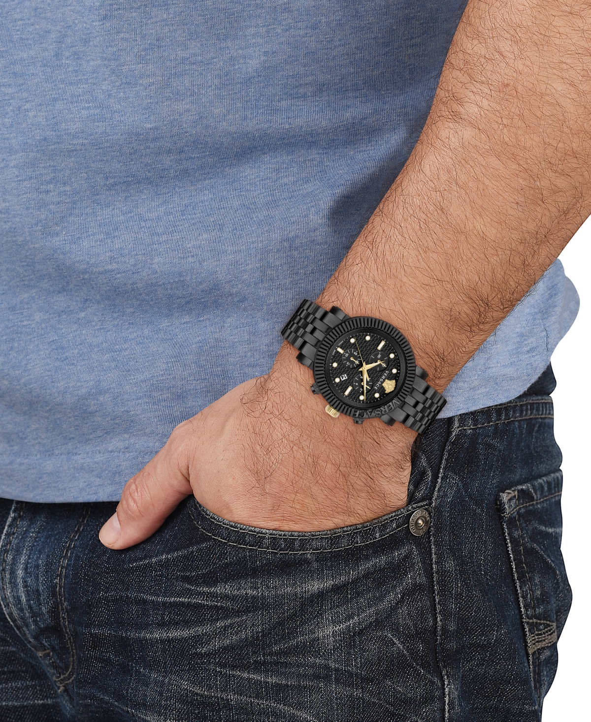 Shop Versace Men's Swiss Chronograph V-chrono Black Ion Plated Bracelet Watch 45mm In Ip Black