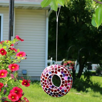 Outdoor Garden Patio Round Glass with Mosaic Design Hanging Fly-Through Bird Feeder - 6"