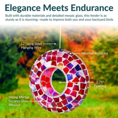 Outdoor Garden Patio Round Glass with Mosaic Design Hanging Fly-Through Bird Feeder - 6"