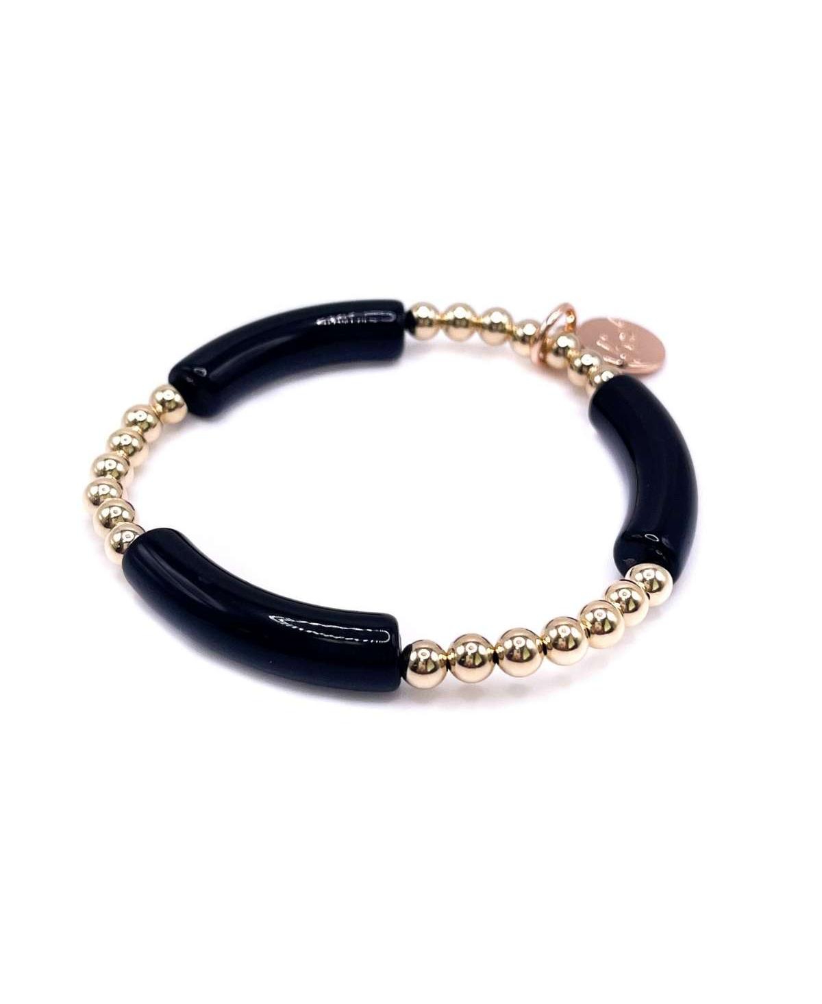 Non-Tarnishing Gold filled, 5mm Gold Ball and Acrylic Stretch Bracelet - Black