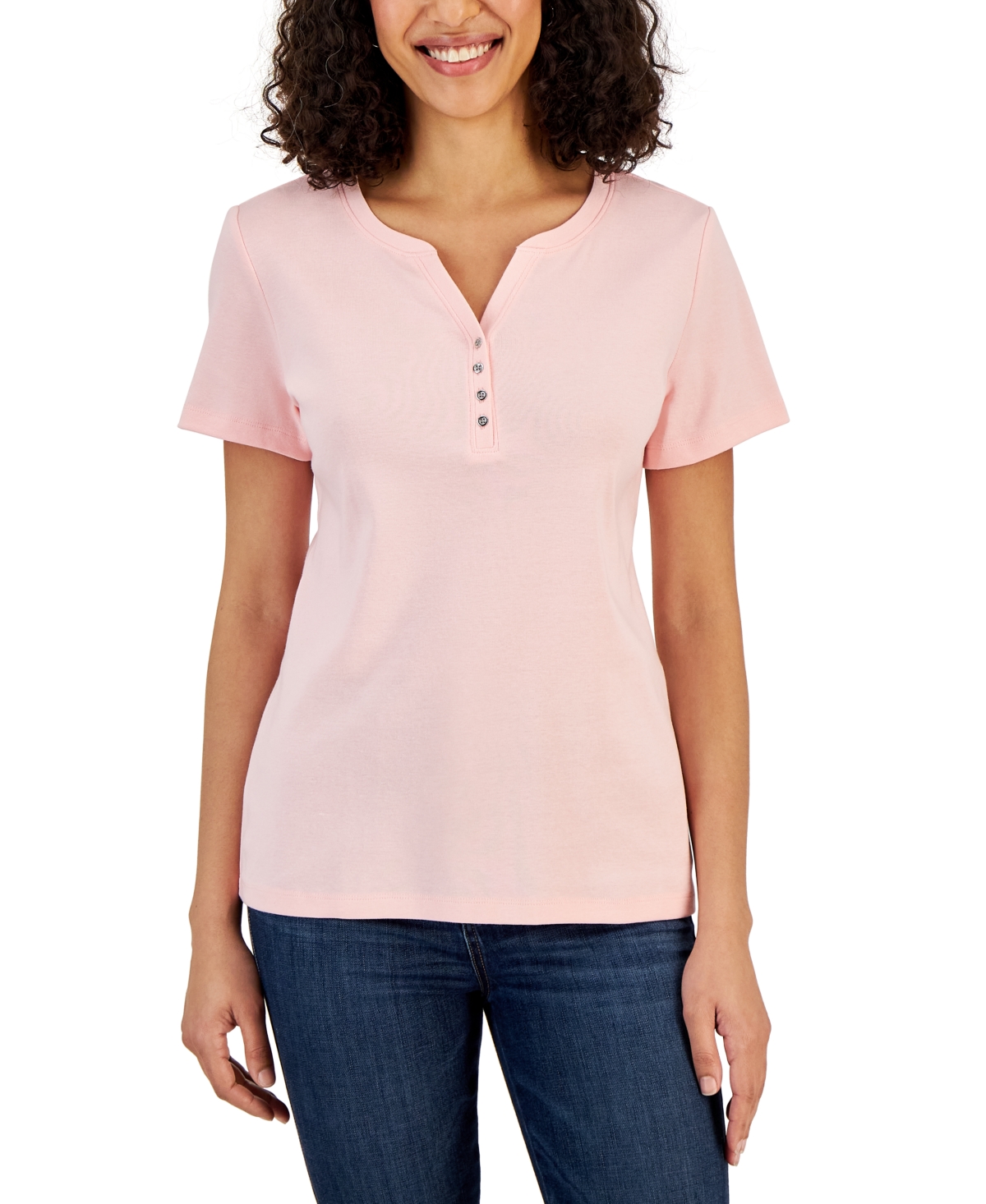 Short Sleeve Henley Top, Created for Macy's - Soft Pink