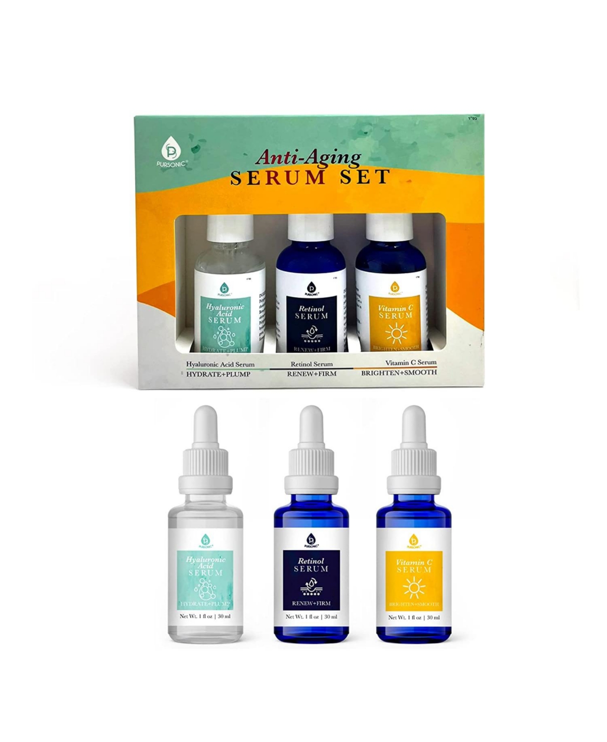 Anti-aging Serum set including uniquely formulated Vitamin C Face Serum, Retinol Serum, and Hyaluronic Acid Serum (Each 30 ml)