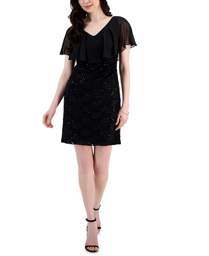 Connected Petite Ruffled-Overlay Sequined Lace Cocktail Dress - Macy's