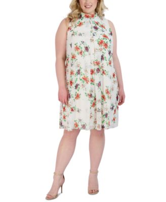 Robbie Bee - Plus Size Floral-Print Clip-Dot Mock Neck Trapeze Dress