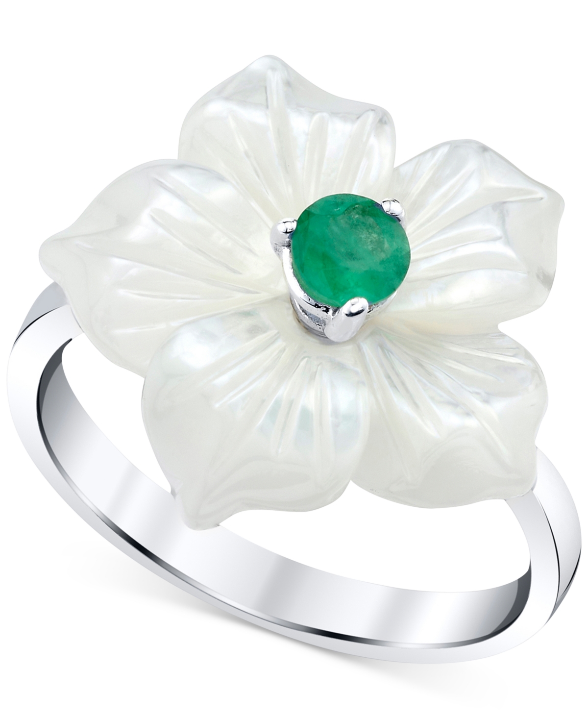 Macy's Mother-of-pearl (18mm) & Emerald (1/3 Ct. T.w.) Flower Statement Ring In Sterling Silver