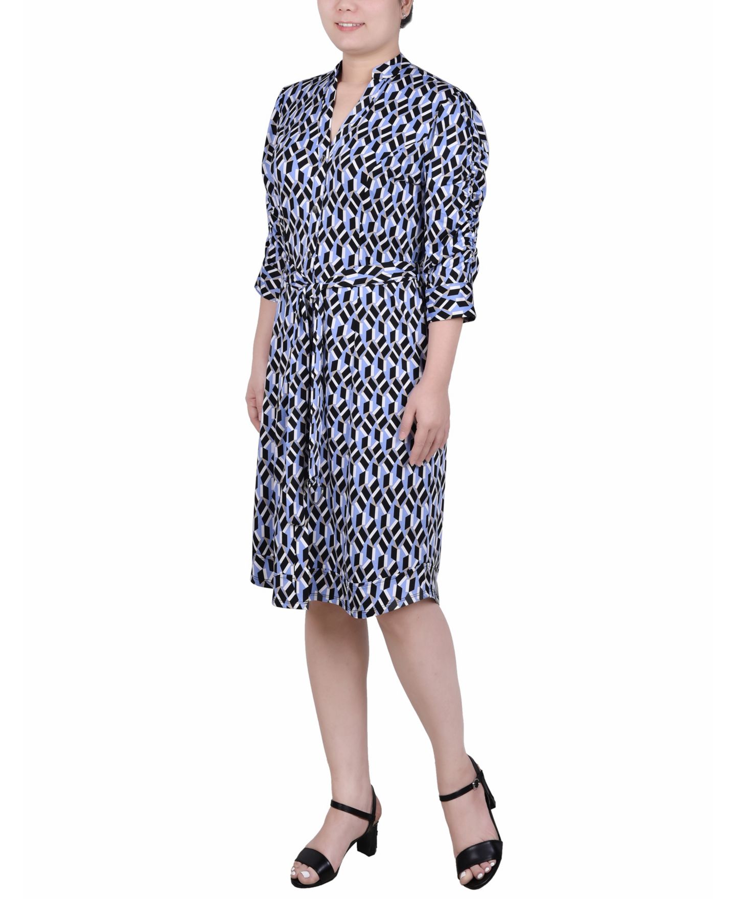 Женское платье NY Collection Petite Elbow Sleeve Y Neck Shirtdress, цвет: Синий — фото 3