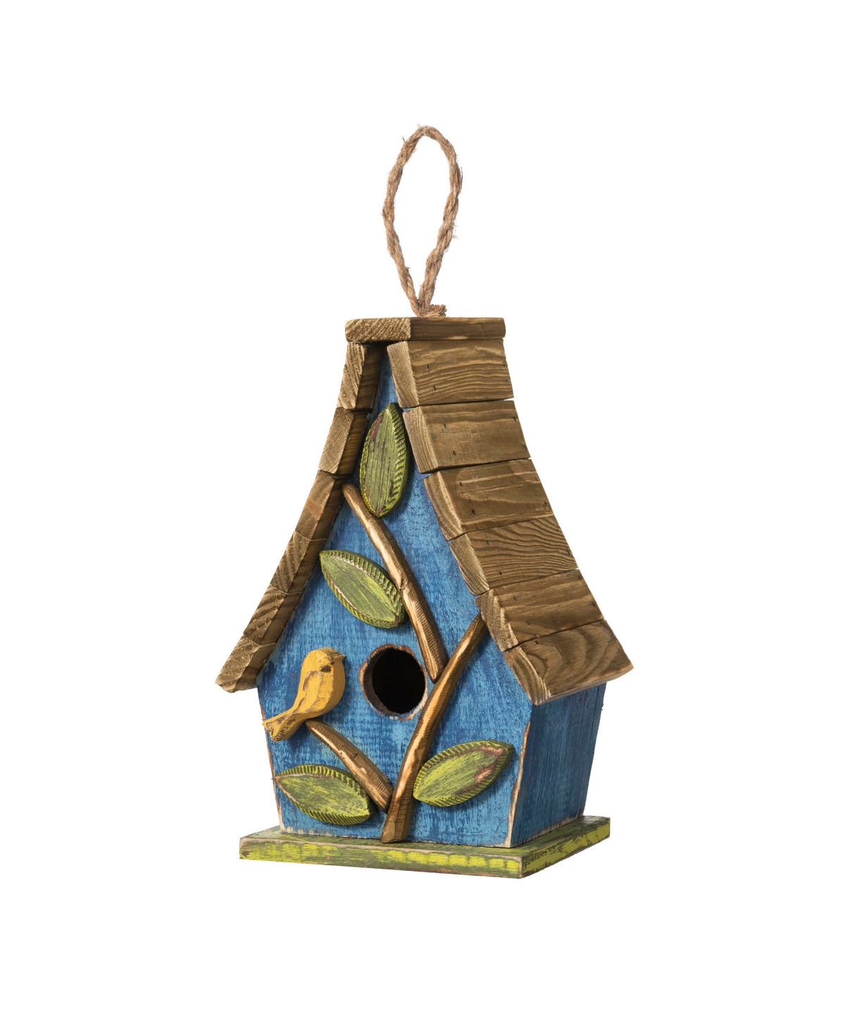 Glitzhome 12.5" H Distressed Solid Wood Birdhouse With 3d Leaves In Blue