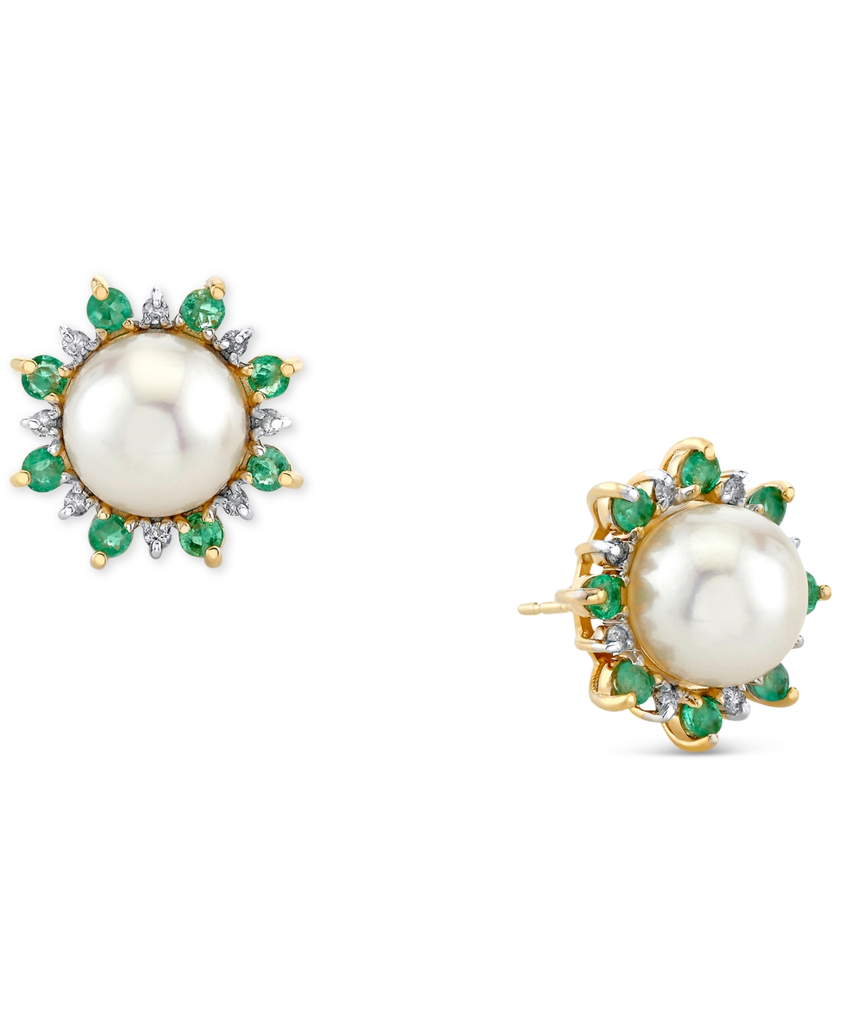 Macy's Cultured Freshwater Pearl (8mm), Emerald (5/8 Ct. T.w.) & Diamond (1/8 Ct. T.w.) Stud Earrings In 10 In Gold
