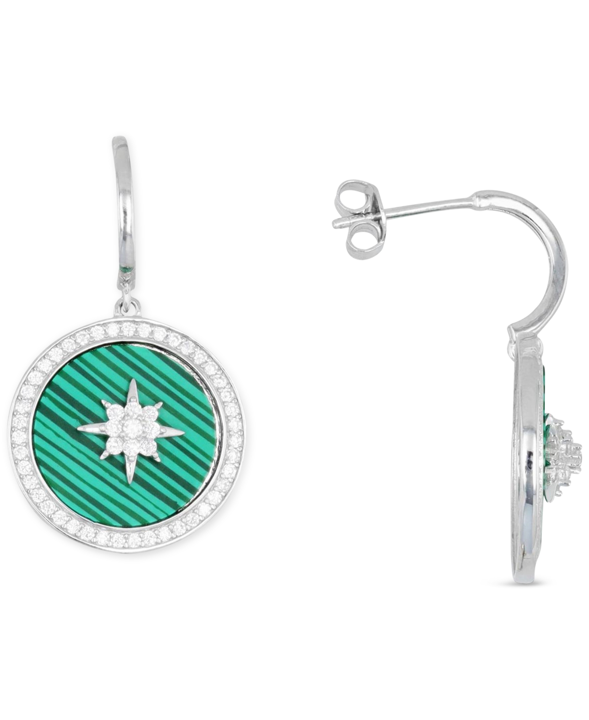 Macy's Lab-grown Malachite & Cubic Zirconia Dangle Disc Drop Earrings In Sterling Silver