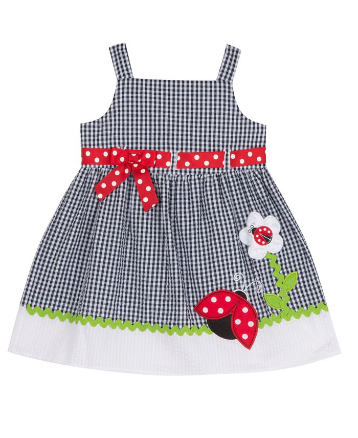 Blue Seersucker Dress With Ladybug