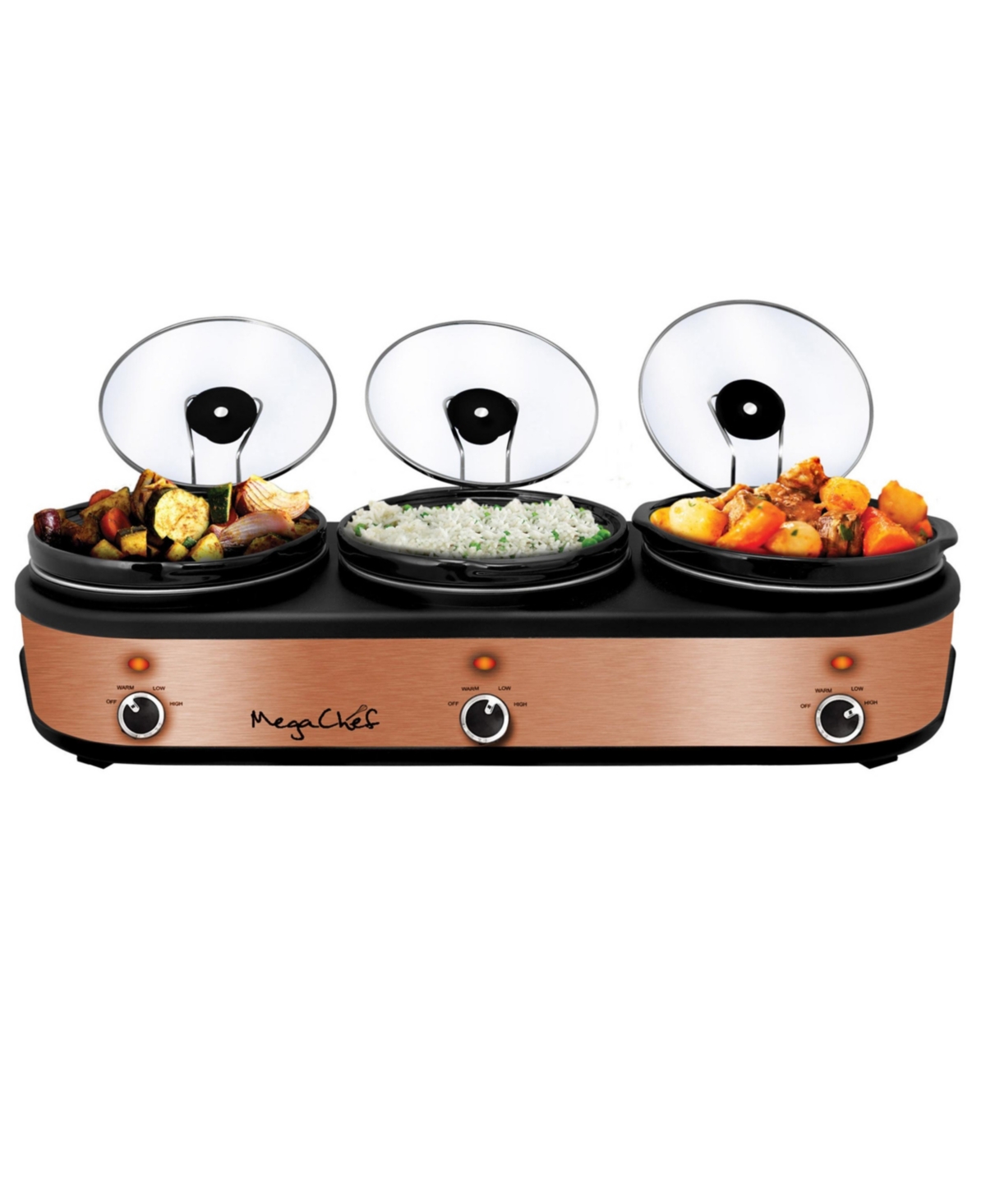 Triple 2.5 Quart Slow Cooker and Buffet Server in Brushed Copper and Black Finish with 3 Ceramic Cooking Pots and Removable Lid Rests - Rust/