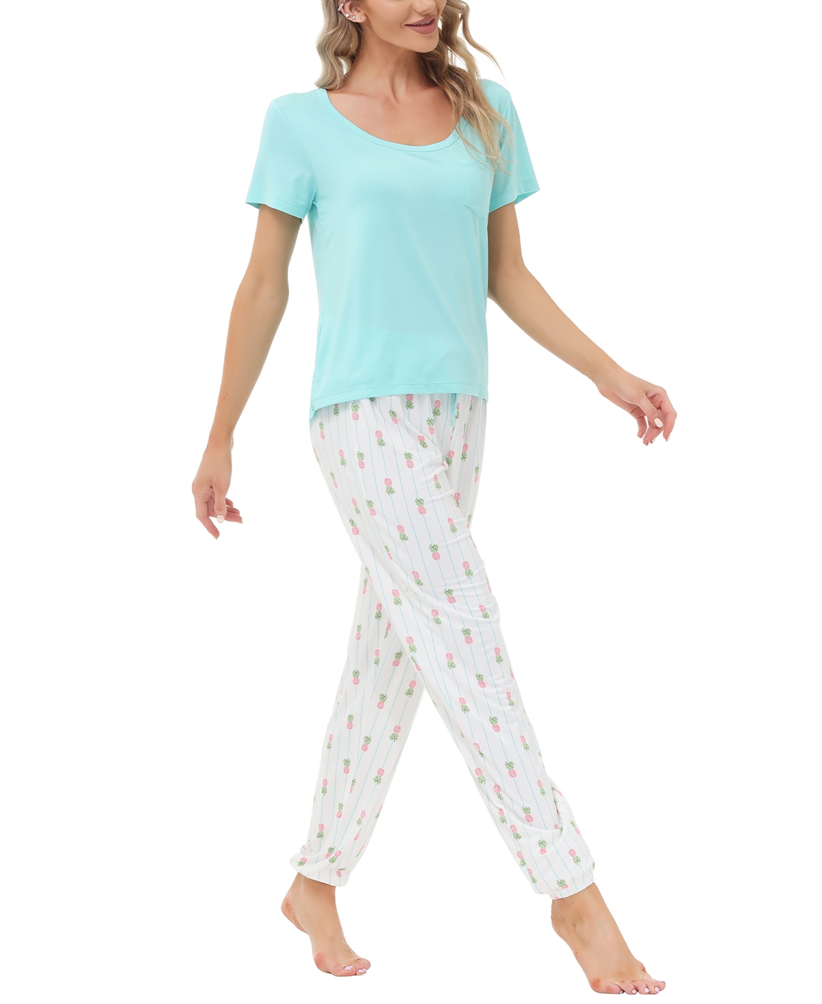 Echo Women's Short Sleeve Pocket T-Shirt with Printed Jogger Pants 2 Piece Pajama Set