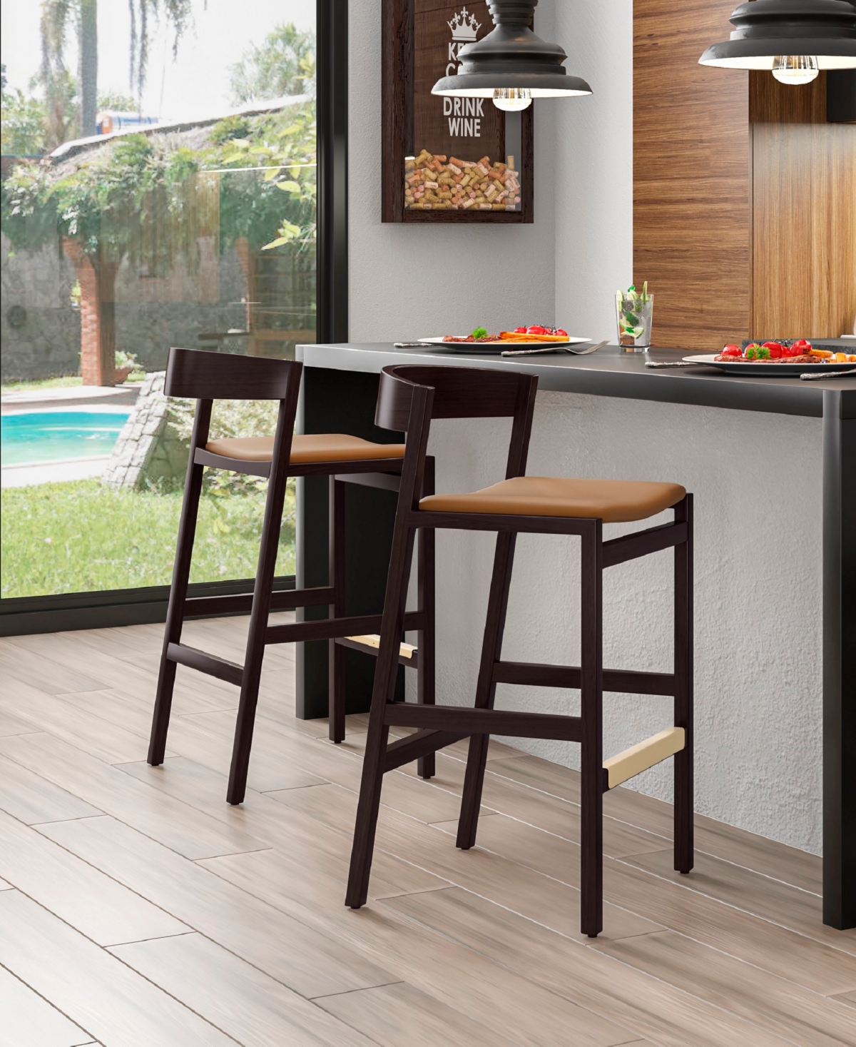 Manhattan Comfort Klismos Counter Stool, Set Of 3 In Camel,dark Walnut