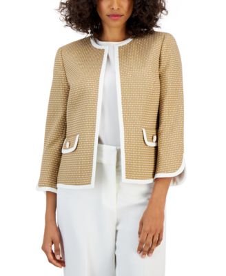 Kasper - Petite Contrast Trim Open-Front 3/4-Sleeve Jacket