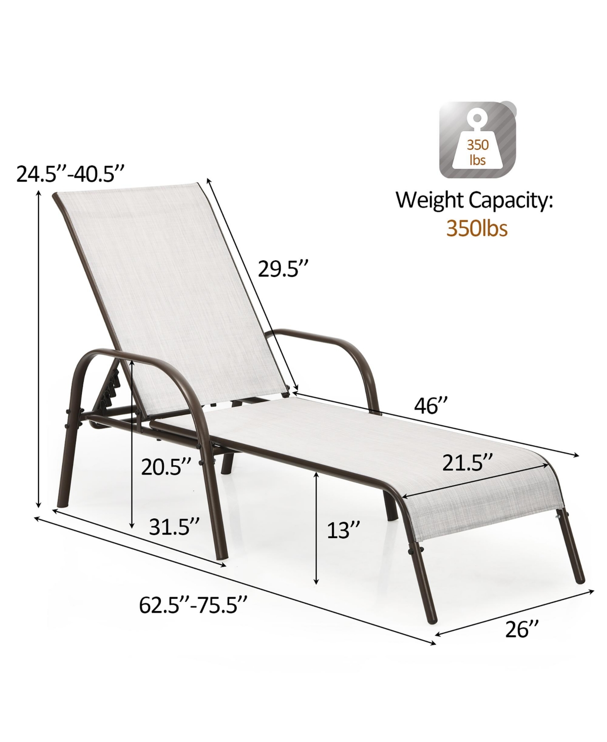 Costway 2PCS Patio Lounge Chair Chaise Adjustable Reclining Armrest