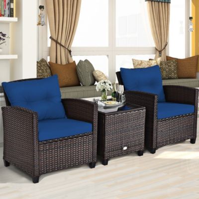3PCS Patio Rattan Furniture Set Cushioned Sofa Coffee Table Garden
