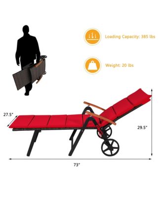 Folding Patio Rattan Lounge Chair Cushioned Aluminum w/ Wheel