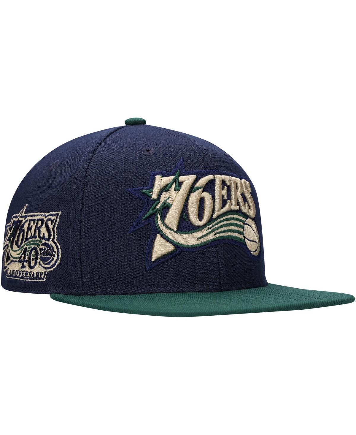 Shop Mitchell & Ness Men's  Navy, Green Philadelphia 76ers Hardwood Classics Grassland Fitted Hat In Navy,green