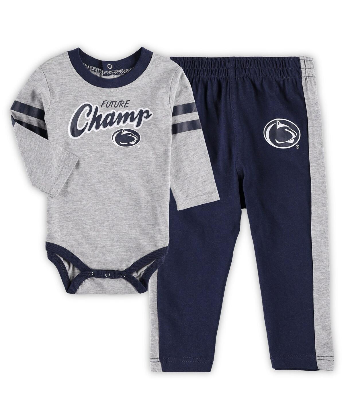 Shop Outerstuff Newborn And Infant Boys And Girls Heathered Gray, Navy Penn State Nittany Lions Little Kicker Long S In Heathered Gray,navy